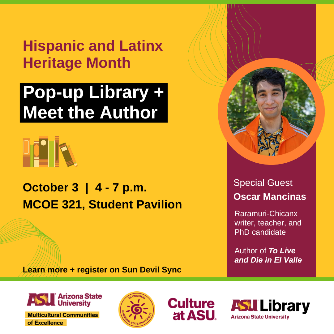 HLHM Marketing graphic - "Pop-up library + Meet the author" including photo of author, Oscar Mancinas, and brief bio