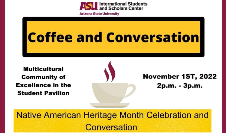 Coffee and Conversation promo graphic, MCOE, November 1, image of a coffee cup.
