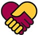 An illustration of a maroon hand shaking a gold hand making a heart shape