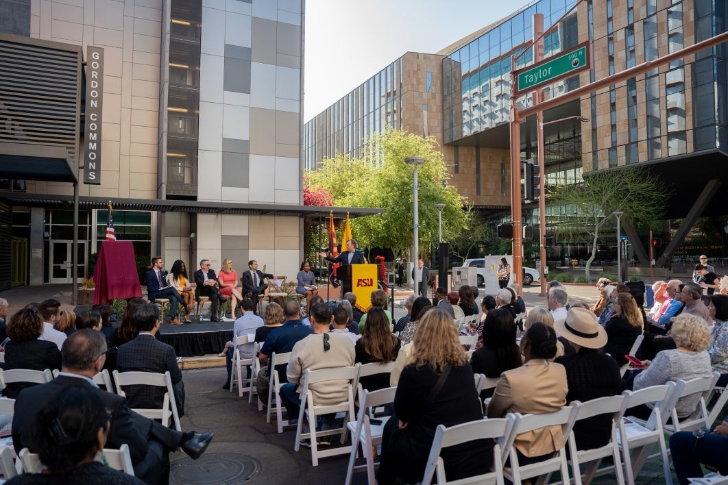 President Crow speaks during the naming ceremony for Gordon Commons at the downtown ASU campus