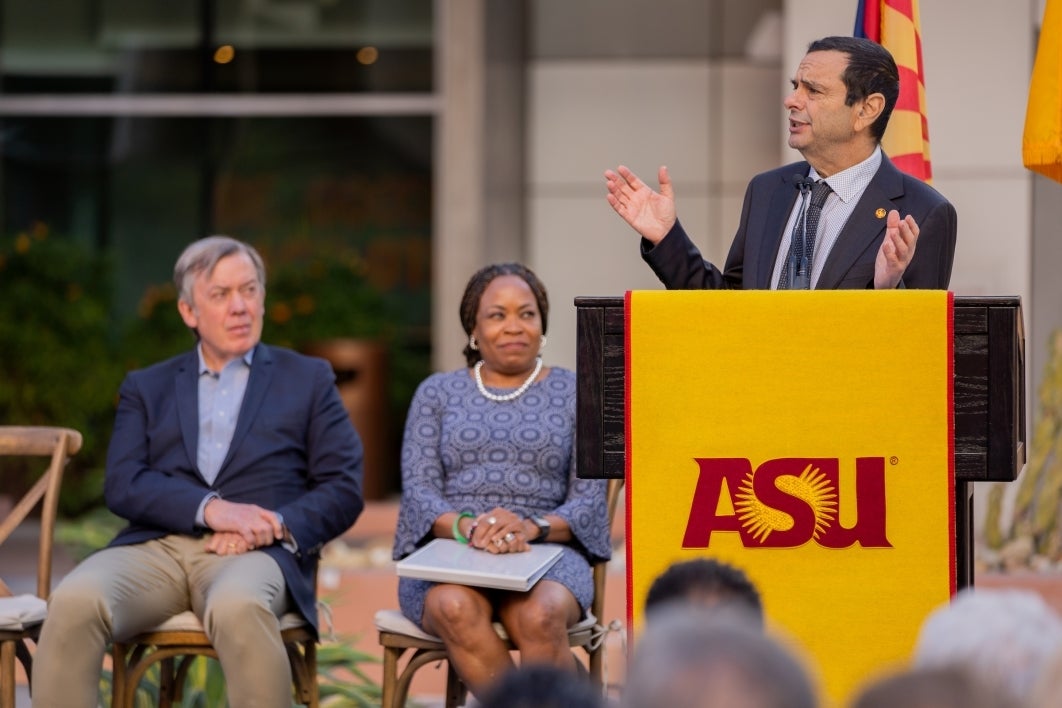 Former Phoenix Mayor Phil Gordon speaks during the renaming ceremony of Taylor Place at the downtown ASU campus