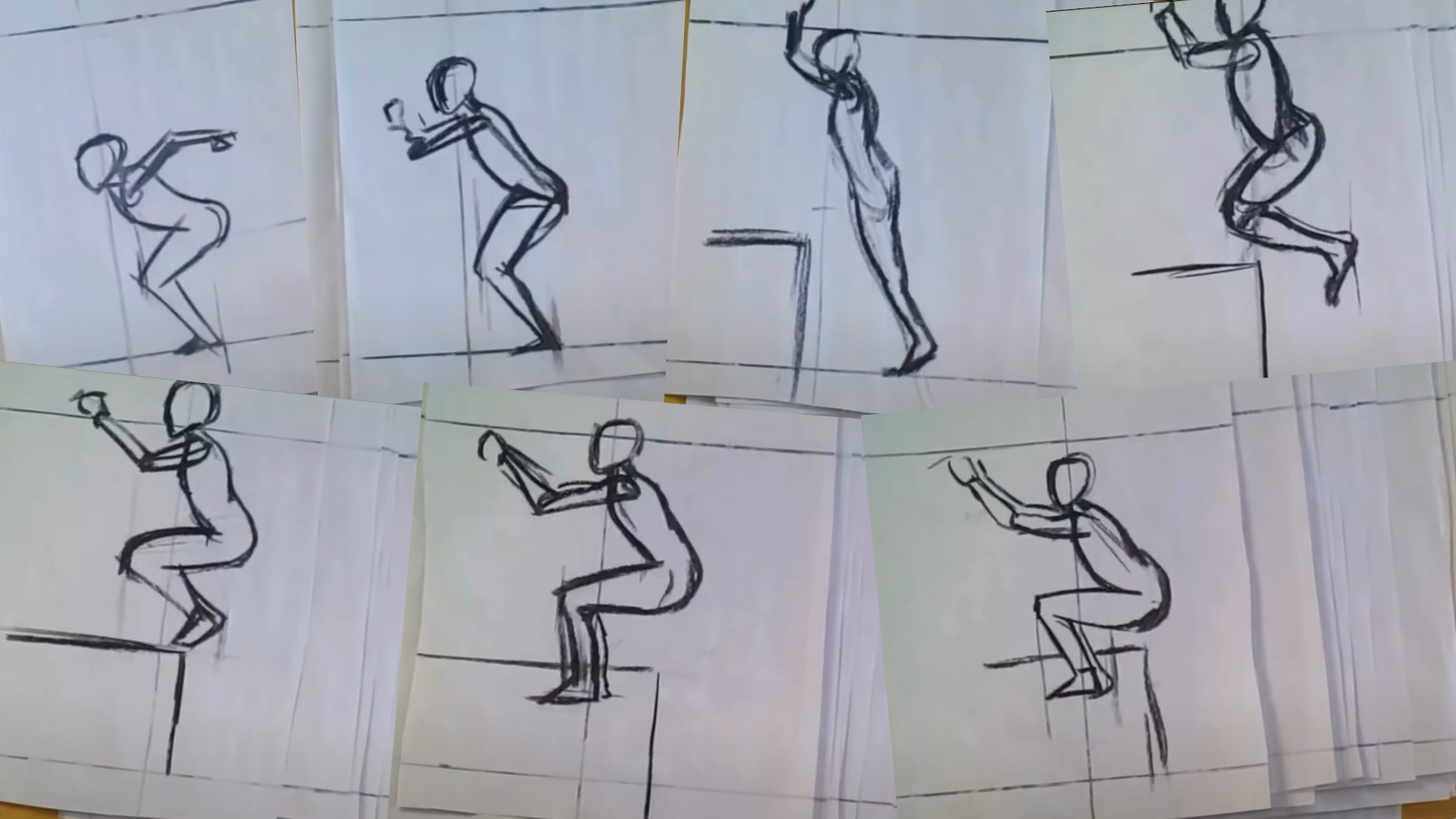 A series of charcoal drawings of a person jumping onto a platform