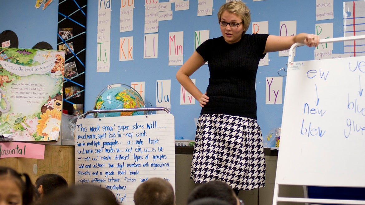 An ASU student teaches second grade in south Phoenix using visual, aural and kinetic learning.