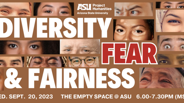 Diversity, Fear and Fairness poster, faces behind the words
