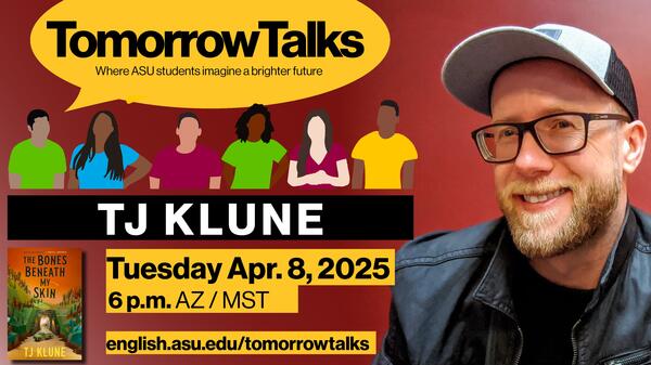Advertisement for TomorrowTalks event on April 8 featuring TJ Klune, author of The Bones Beneath My Skin