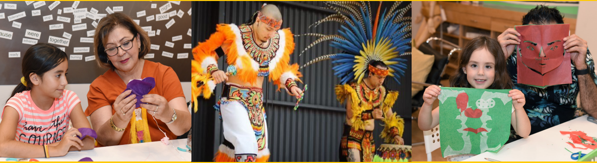 Banner image of three different photos showing activities and performances to celebrate Mexican Independence Day at ASU Art Museum