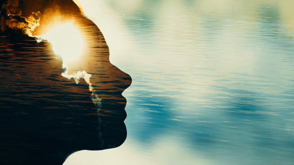 colored photo of head with sun shining though