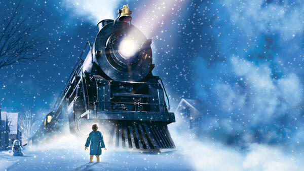 Polar Express Movie poster, train moving through snow